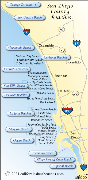 map showing beaches along the San Diego County beaches, California