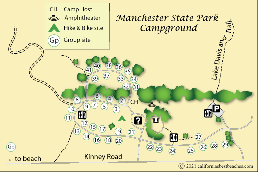 map of Manchester State Park campground, Mendocino County, CA